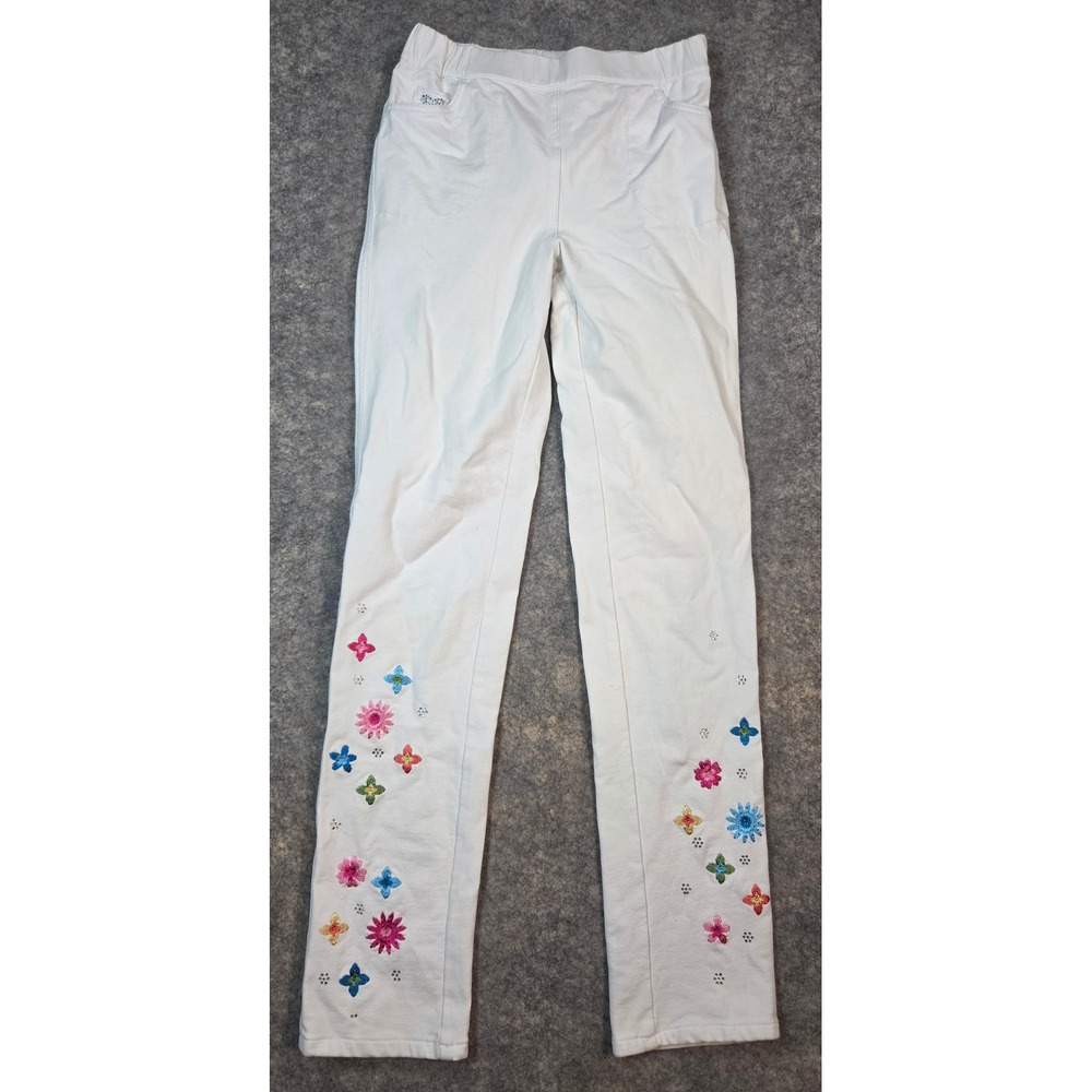 DreamJeannes Quacker Factory White Floral Embroidered Rhinestone Pants XXS Pull